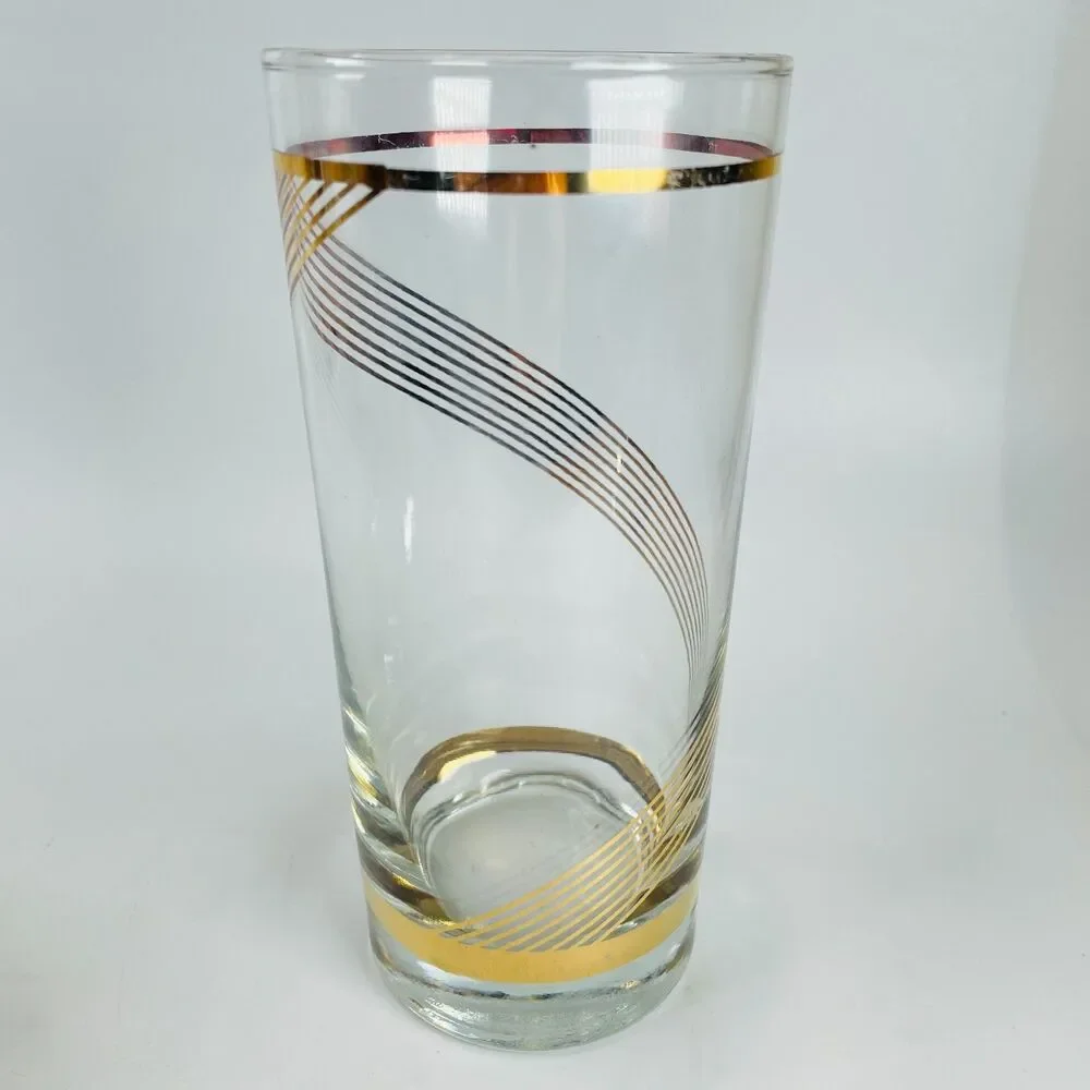 Set of 4 VTG Culver Highball Glasses 22K Gold Stripe Swirl Tumblers MCM Barware